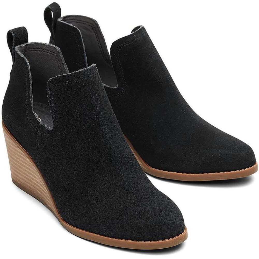 Toms Black Suede Ankle Boots with Tan Wedge